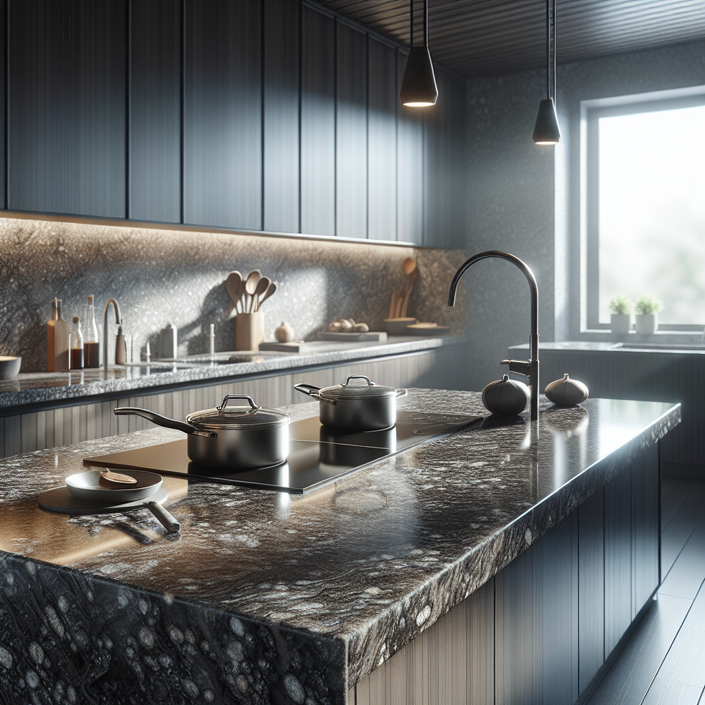 A modern kitchen with natural pattern granite countertops, displaying their durability and heat resistance.