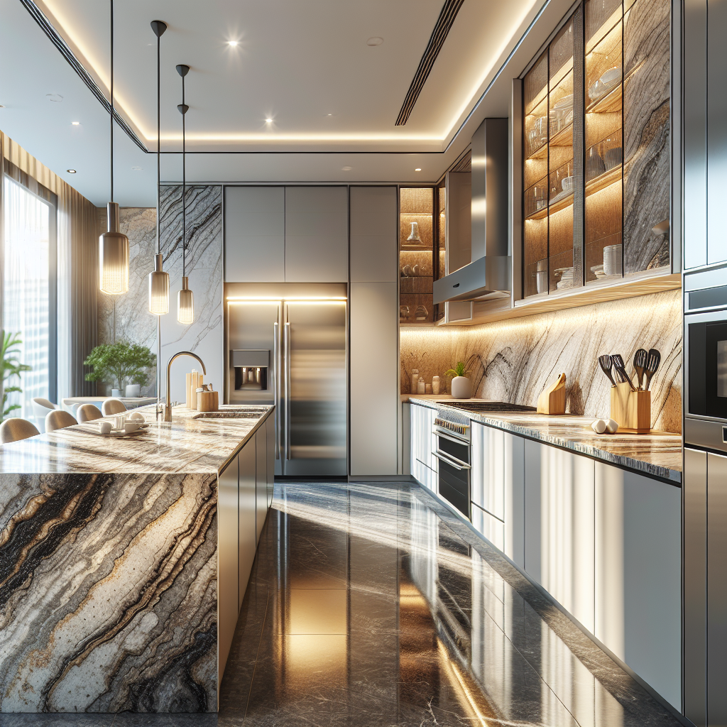 Modern kitchen with granite countertops showcasing natural patterns and heat resistance.