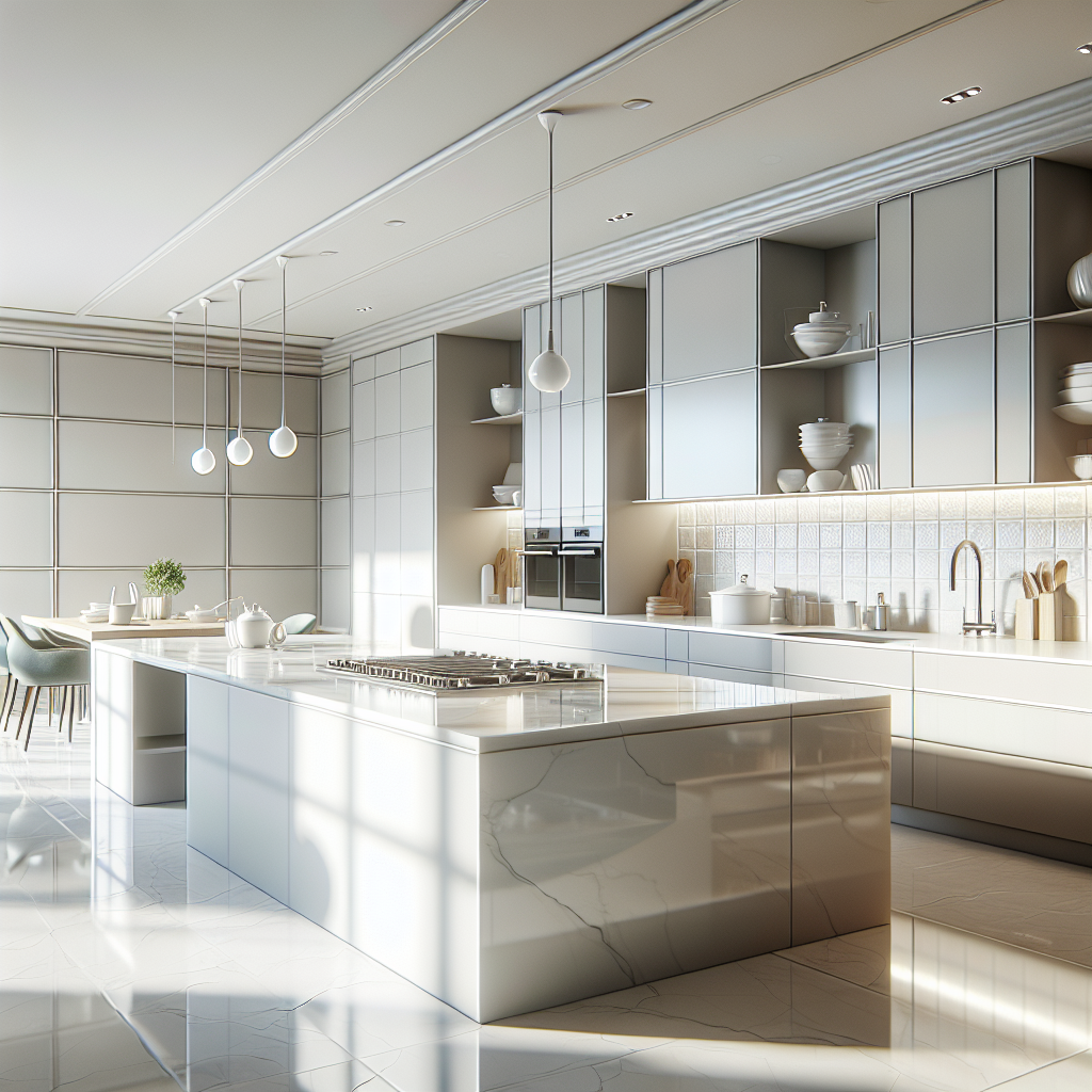 A modern kitchen with sleek, large porcelain tile countertops.