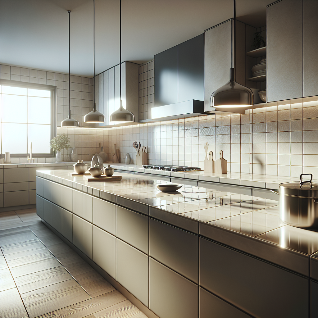 Modern kitchen with large porcelain tile countertops.