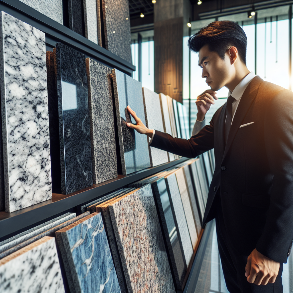 A person inspecting colorful and patterned granite slabs in a modern showroom with natural lighting.