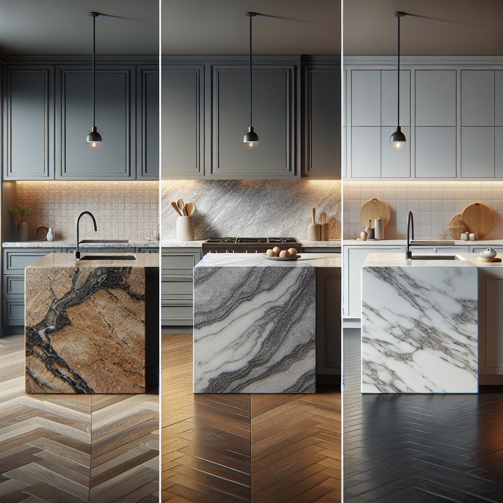 Three types of kitchen countertops: granite, quartz, and porcelain, each with distinct textures and colors.