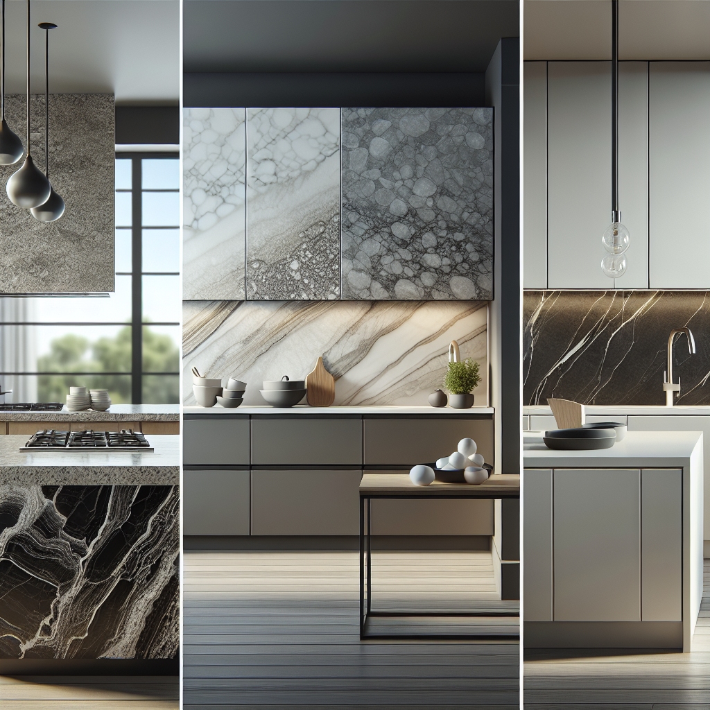 Realistic kitchen countertop materials: granite, quartz, and porcelain.