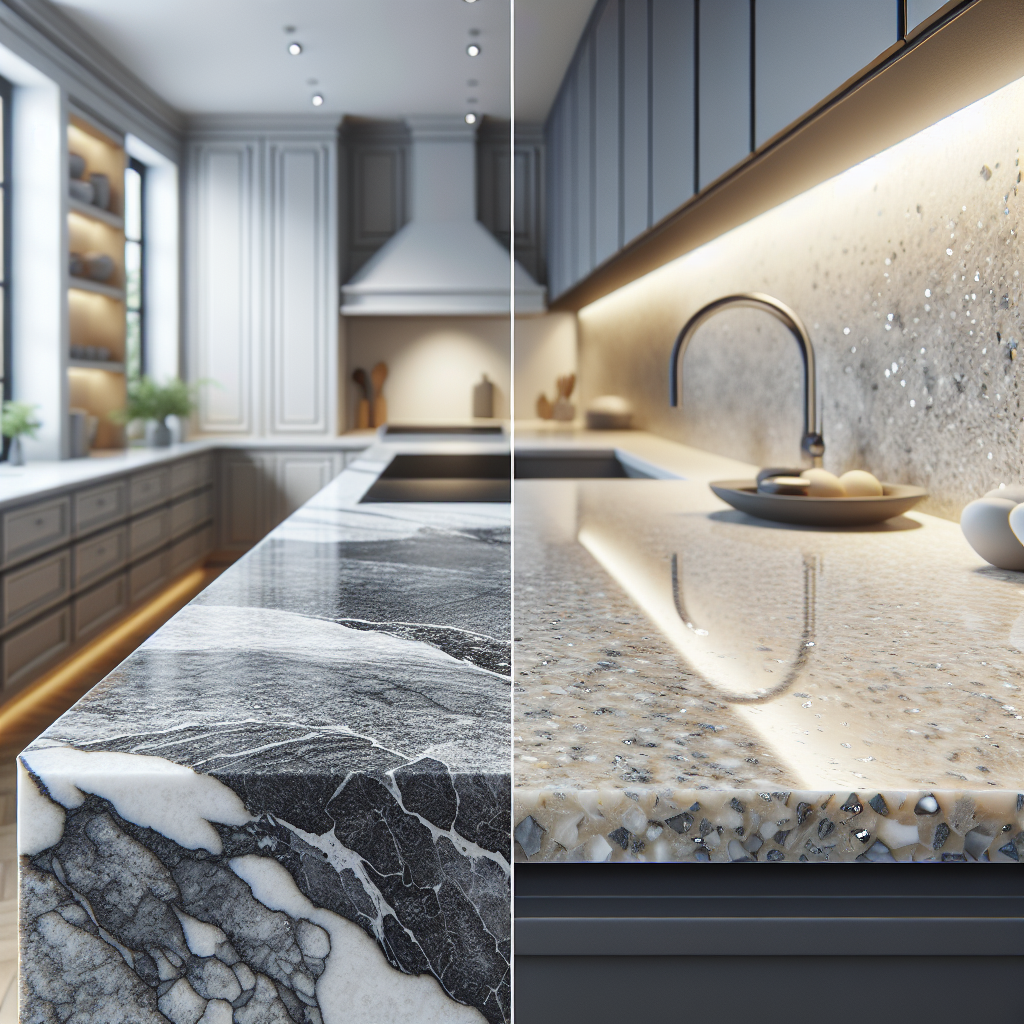 Comparison of granite and quartz countertops in a modern kitchen.