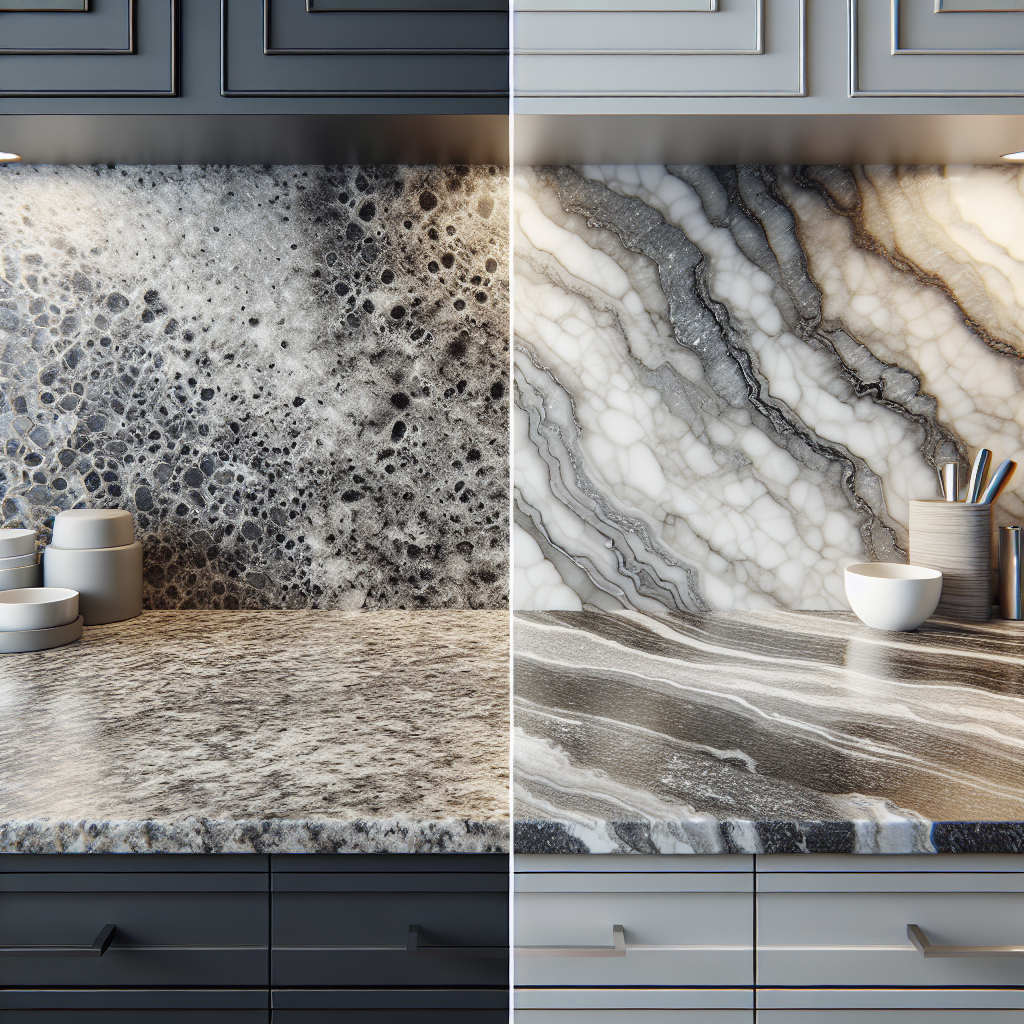 Comparison between granite and quartz countertops showing their surface textures.