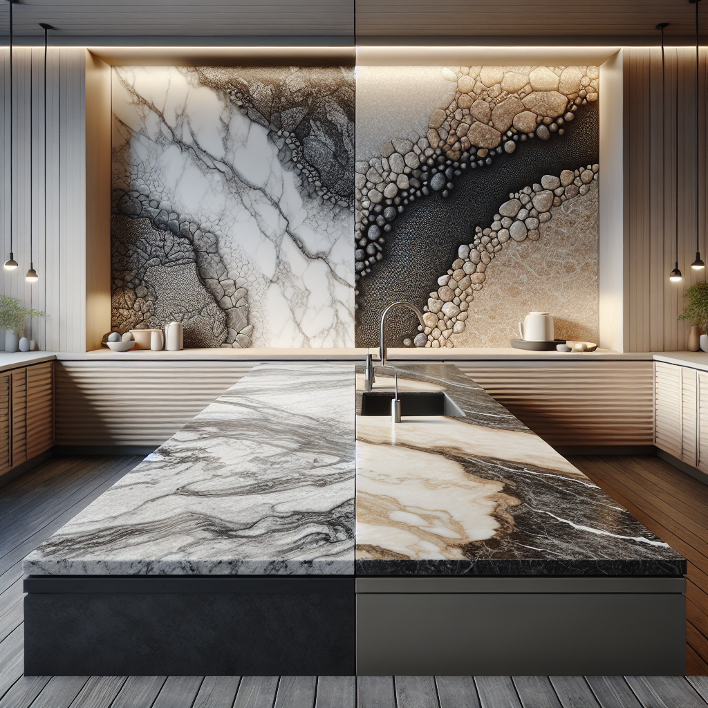 A realistic comparison image of granite and quartz countertops showing their textures and colors.