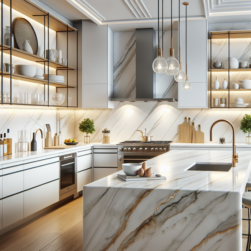 Modern kitchen with porcelain countertops showcasing durability, heat resistance, and luxurious design.