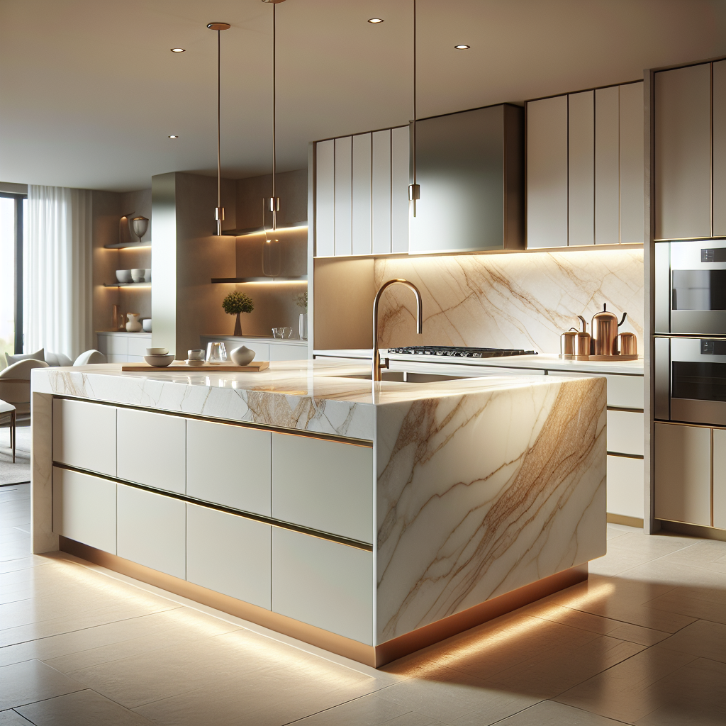 Modern kitchen with glossy porcelain countertops, showcasing durability and cleanliness.