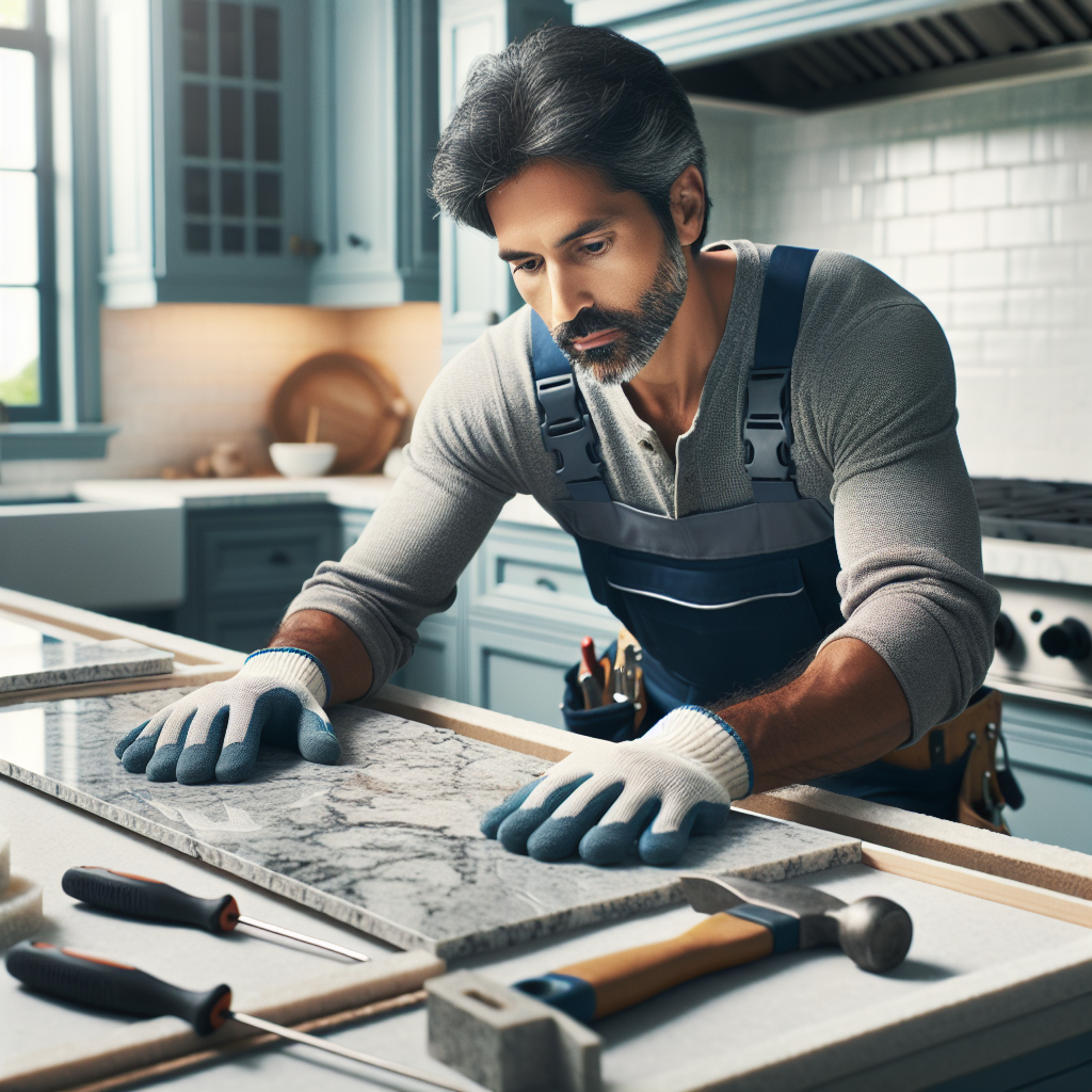 A professional kitchen quartz countertop installation with a skilled installer working.