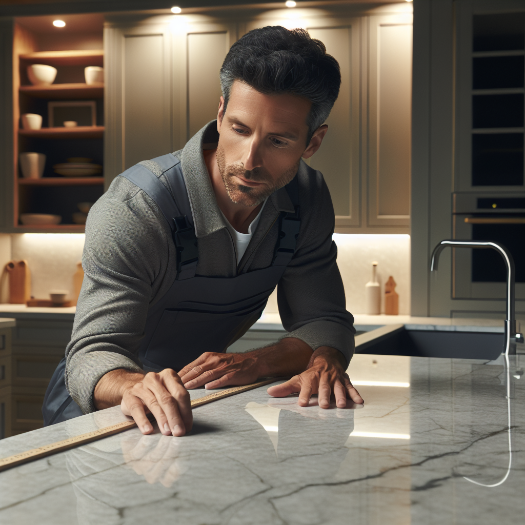 A professional installer measuring a quartz countertop in a modern kitchen.