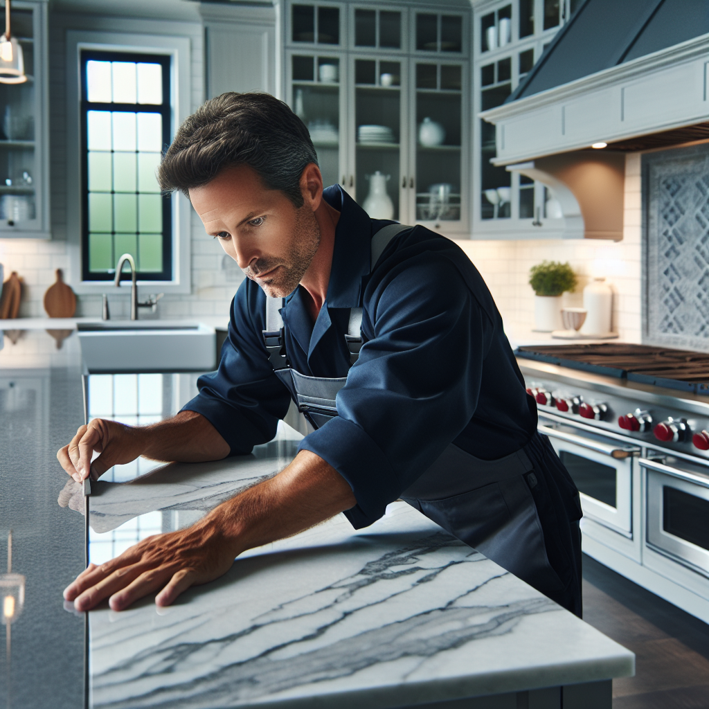 A professional installer working on a quartz countertop in a modern kitchen setting.