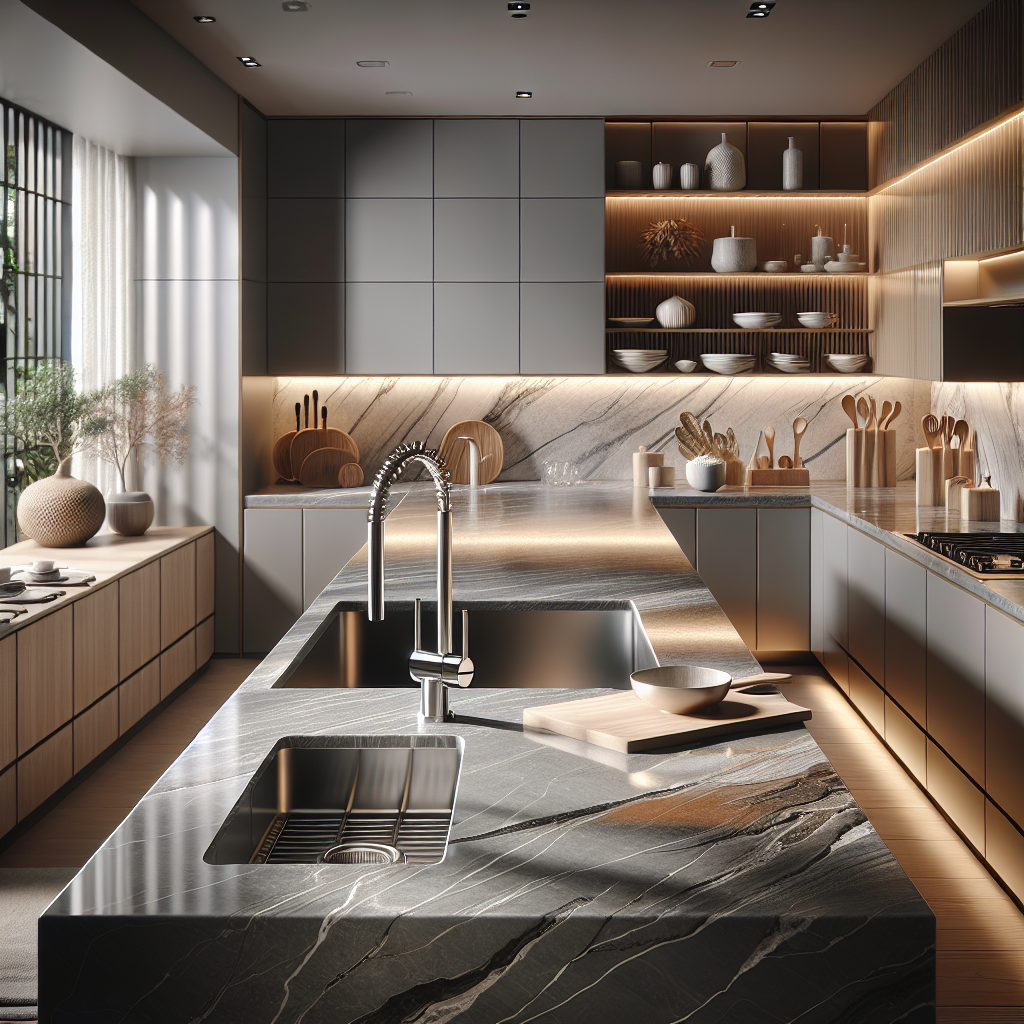 Modern kitchen with a seamless integrated sink and countertop design.