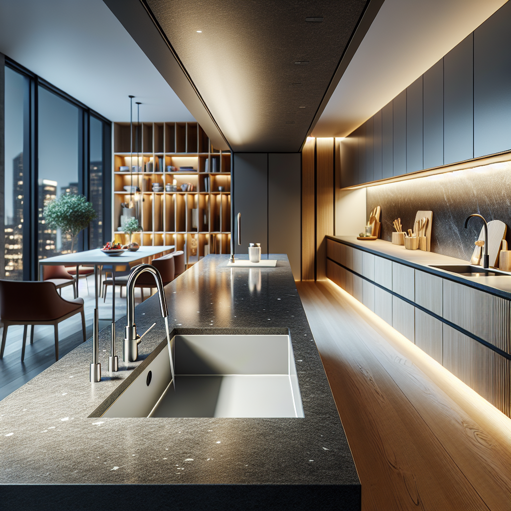 A modern kitchen with an integrated sink offering seamless design and spacious countertop.