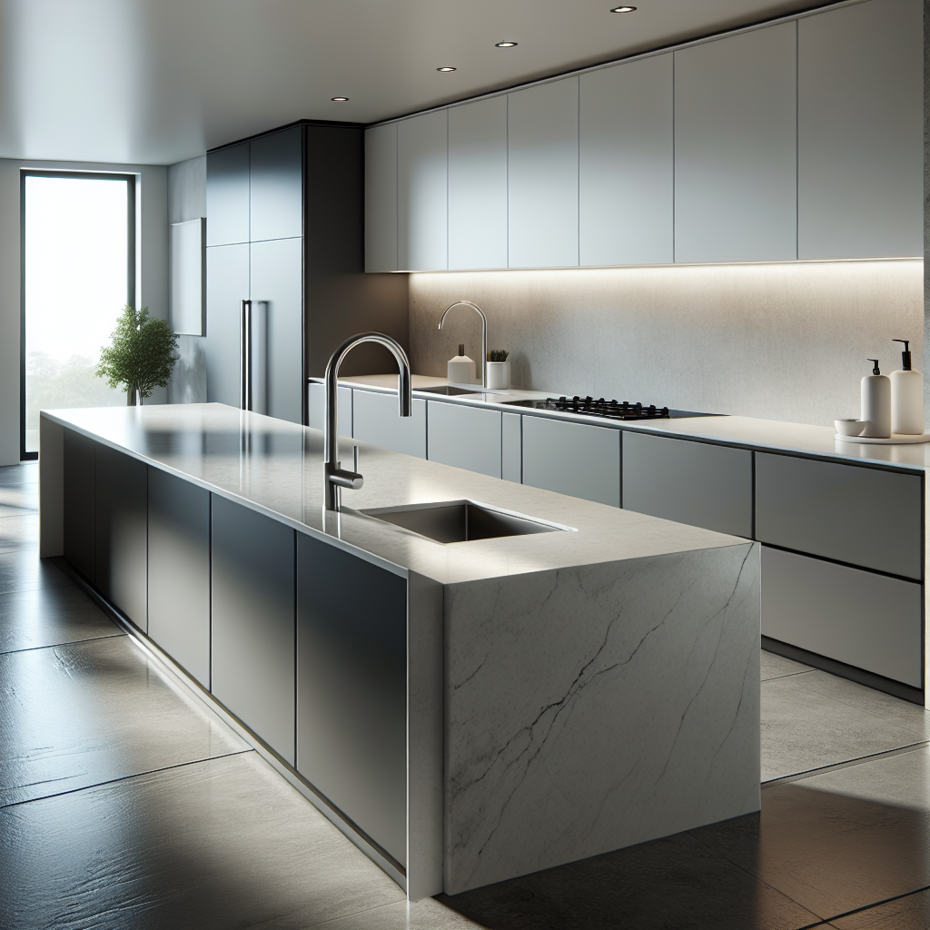 Modern kitchen with an integrated sink, seamless quartz countertop, and open design.