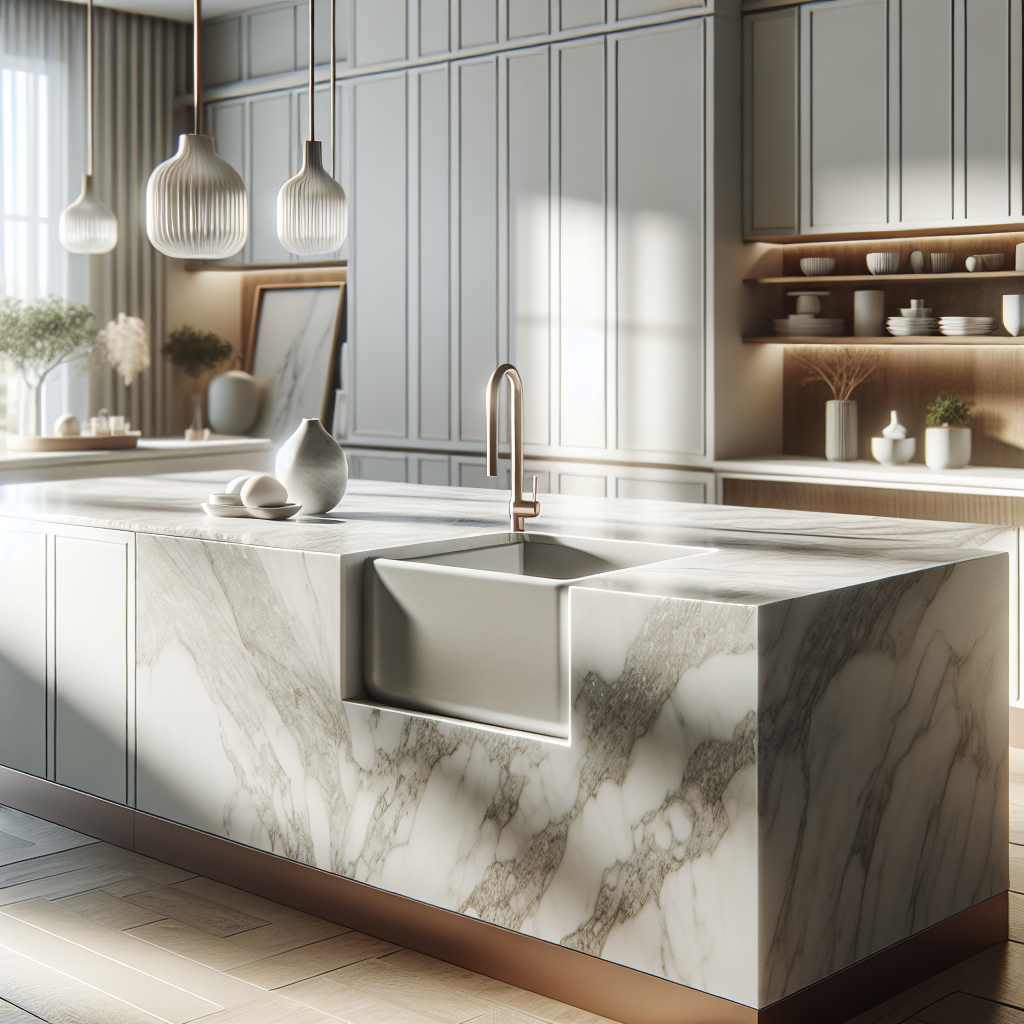 An integrated sink solution in a modern kitchen with seamless marble countertop.