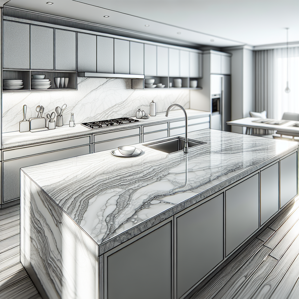 Realistic image of a modern kitchen with quartz countertops.