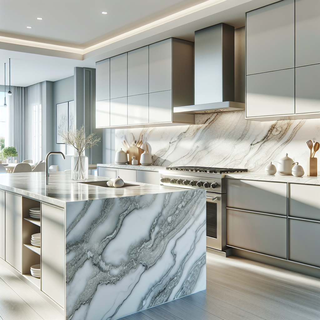 Modern kitchen with realistic quartz countertops, highlighting their durability and design flexibility.