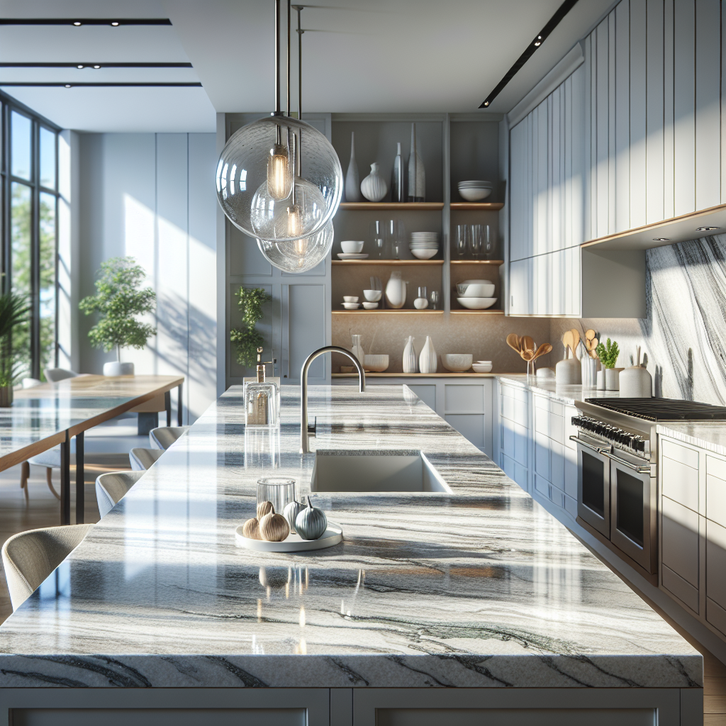 A modern kitchen with quartz countertops showcasing durability and elegant design.