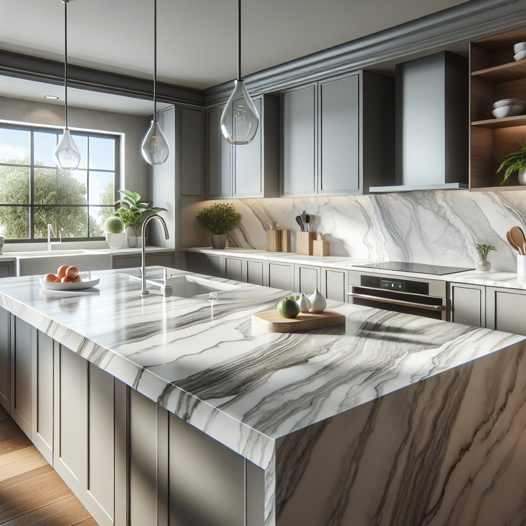 Modern kitchen with quartz countertops, showcasing their durability and sleek, non-porous design.