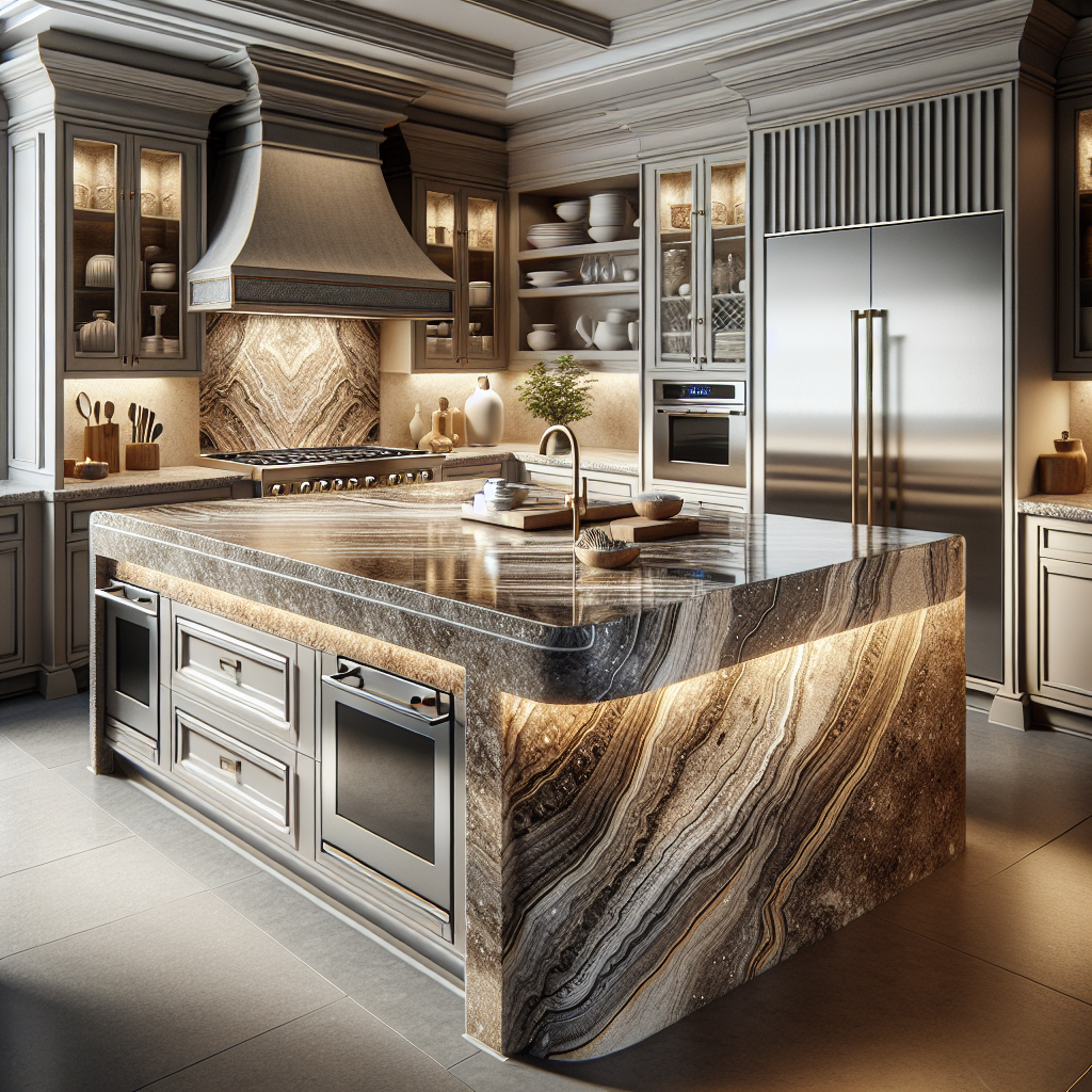 Custom kitchen countertop blending granite and quartz in a modern kitchen setting.