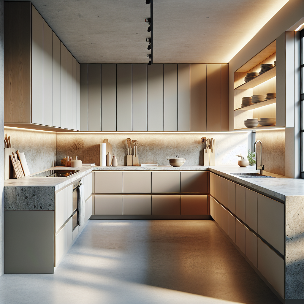 Modern kitchen with custom countertops made of granite, porcelain, and quartz.