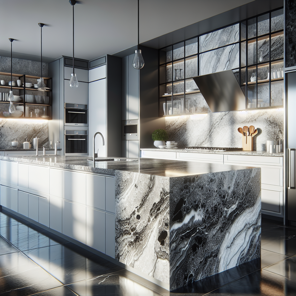 Modern kitchen with custom granite countertops, white cabinets, and stainless steel appliances.