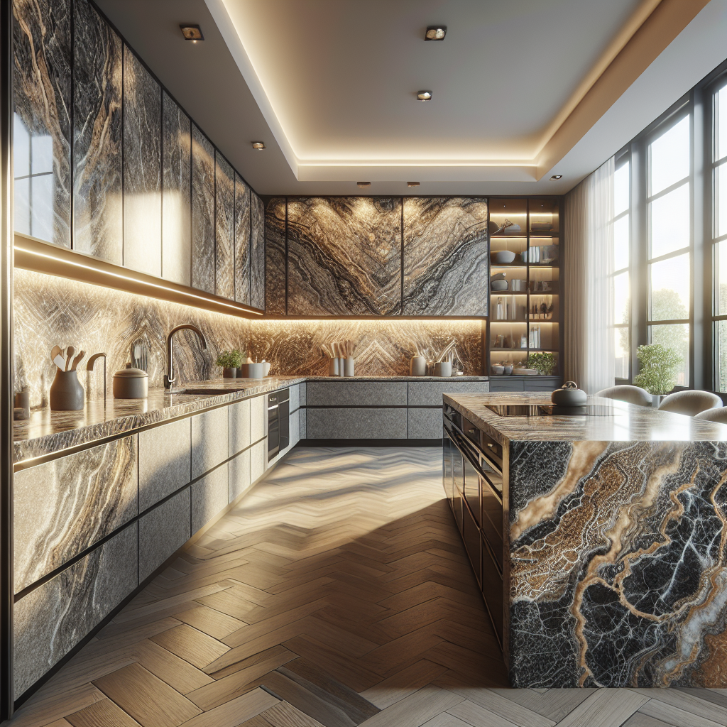 Realistic image of a modern kitchen with granite countertops.