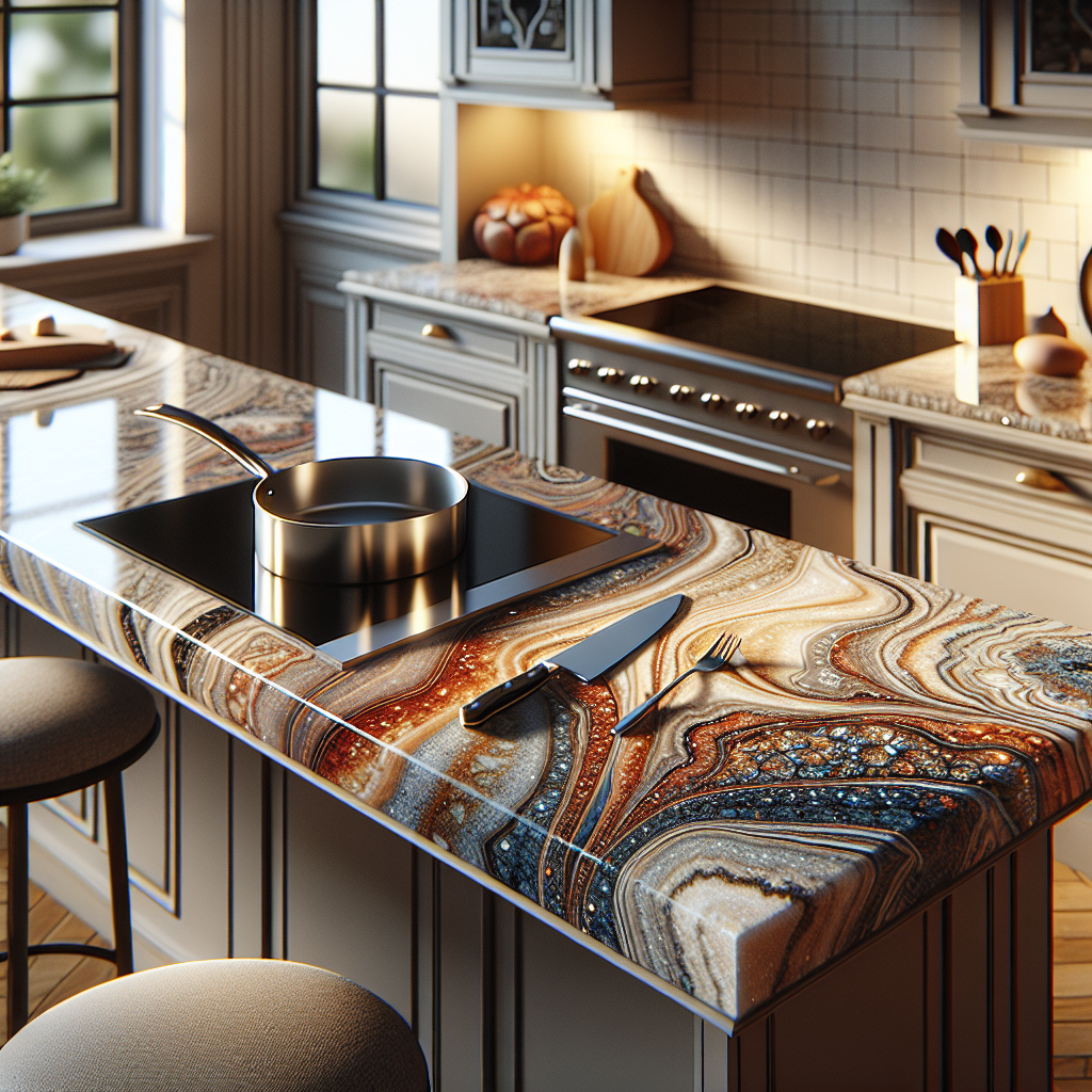 Granite kitchen countertop with unique colors and patterns in a modern kitchen setting.