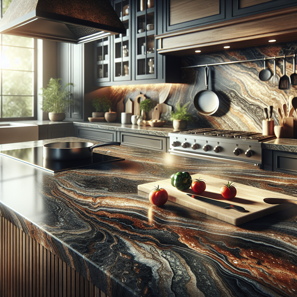 A modern kitchen with luxurious granite countertops, showcasing rich colors and swirling patterns.