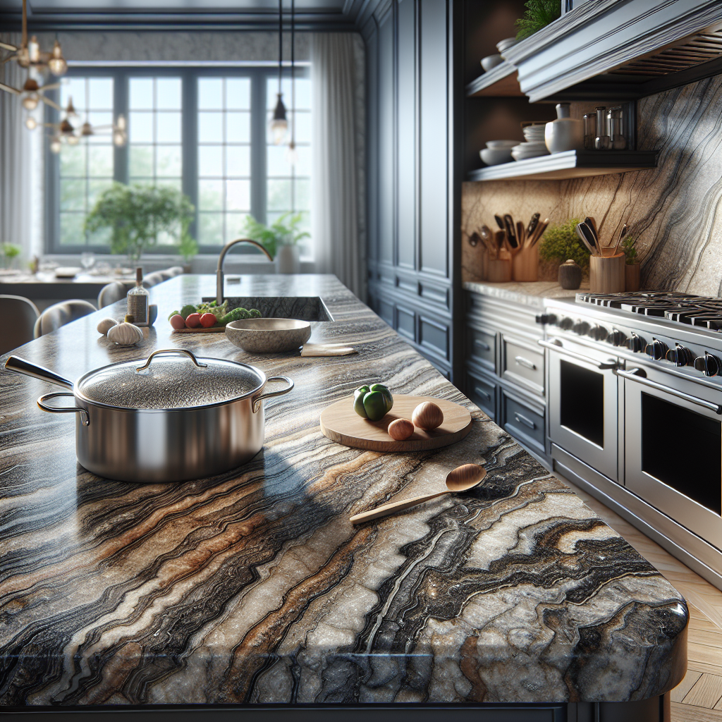 Granite countertop in a modern kitchen setting, showcasing its natural patterns and durability.