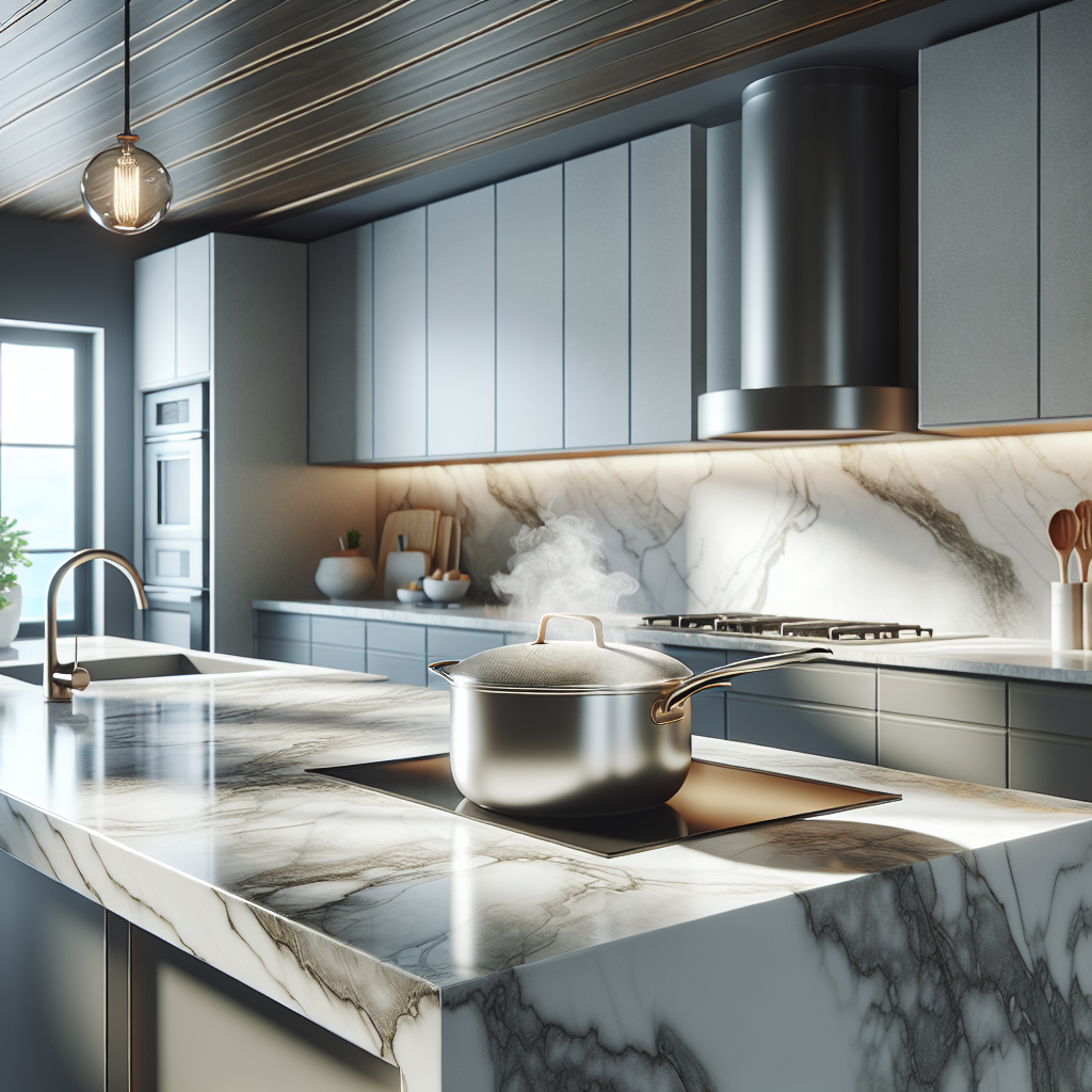 A modern kitchen with porcelain countertops, emphasizing its aesthetic, durability, and heat resistance qualities.