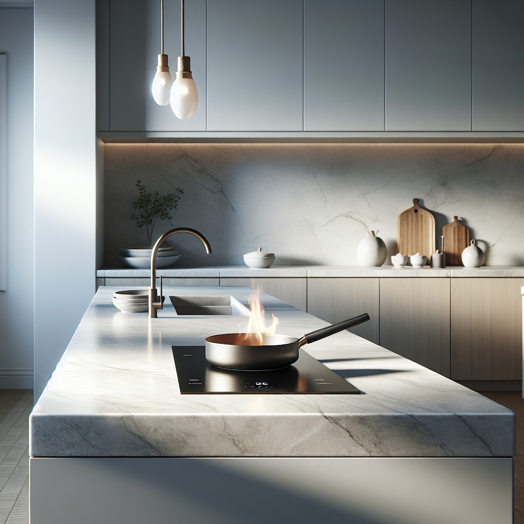 A realistic image of a porcelain kitchen countertop with a hot pan on it.