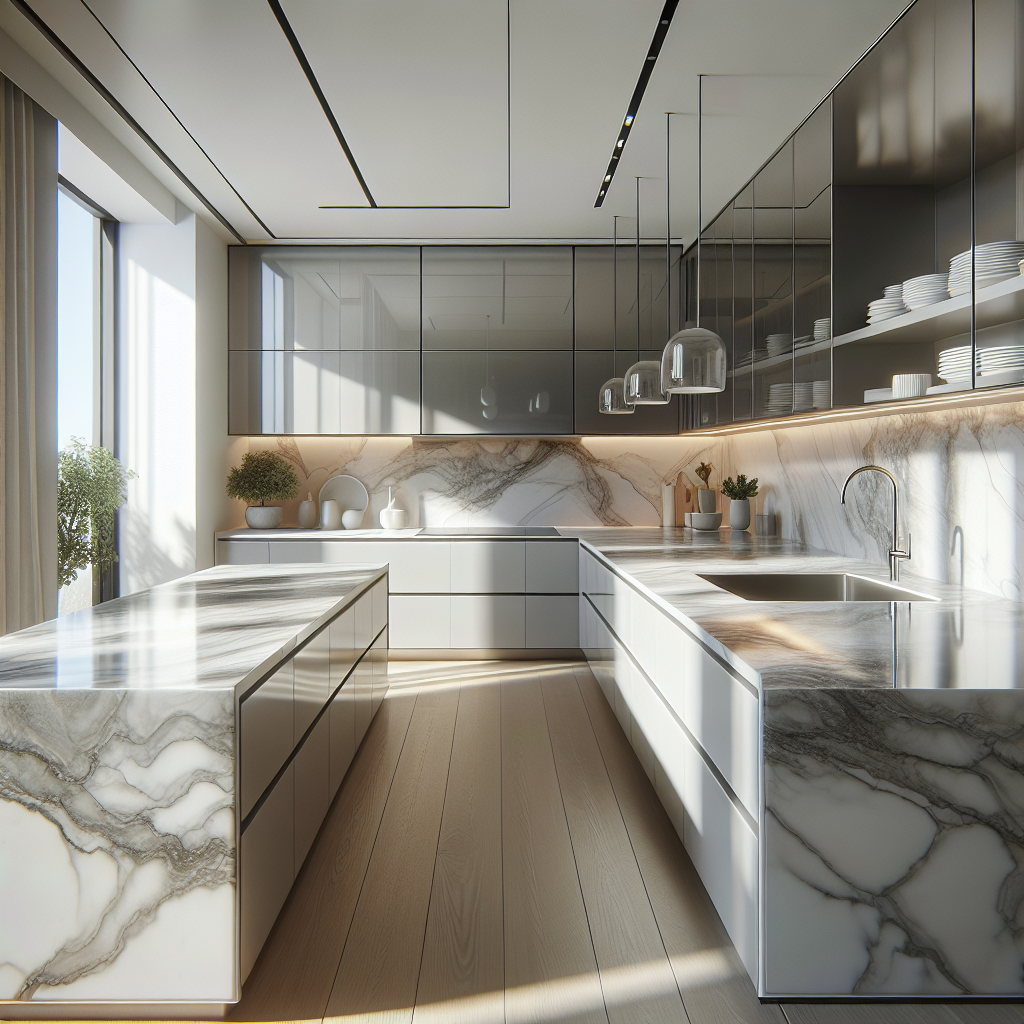 Modern kitchen with glossy porcelain countertops and natural lighting.