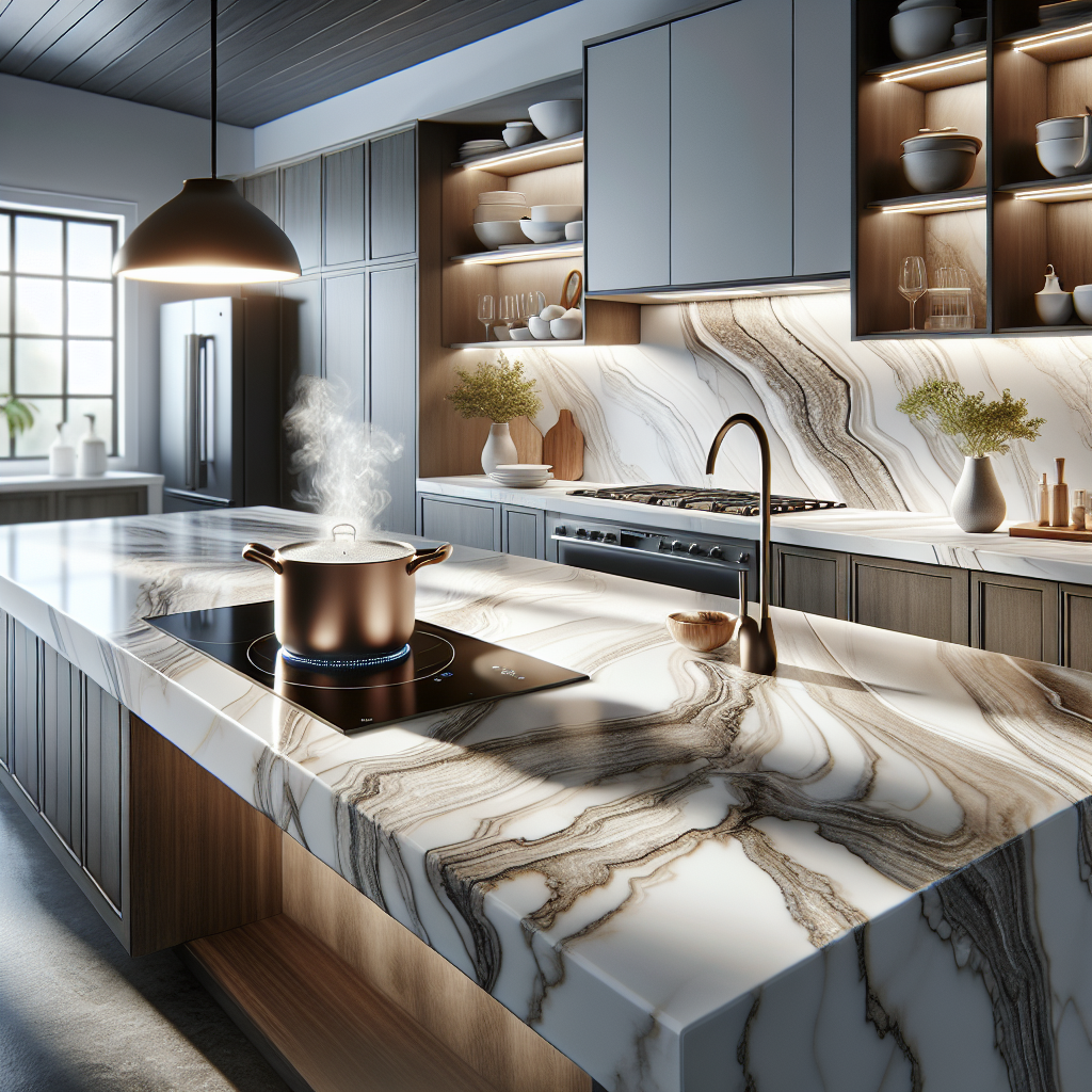 A modern kitchen with porcelain countertops resembling marble, demonstrating durability and aesthetic appeal.