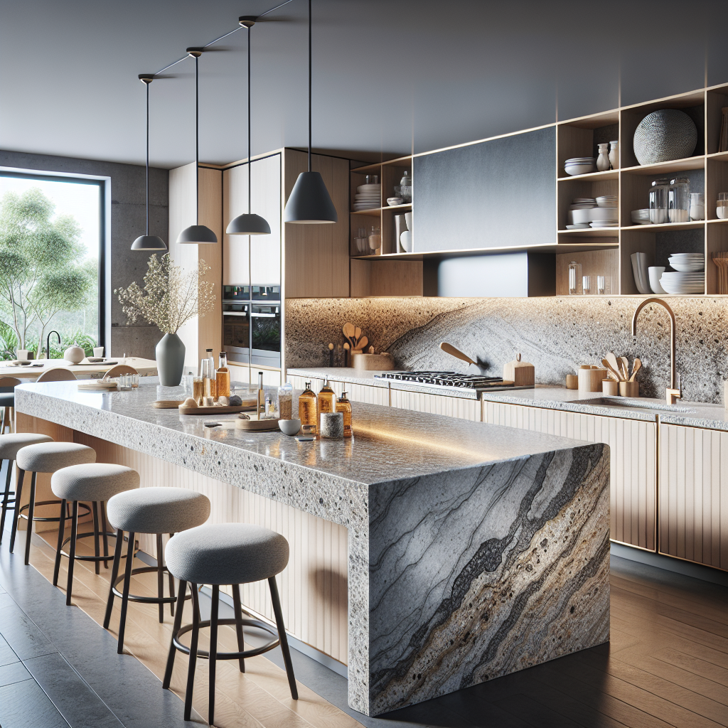 A realistic image of a modern kitchen with granite and quartz countertops, highlighting factors affecting durability like material composition and installation quality.