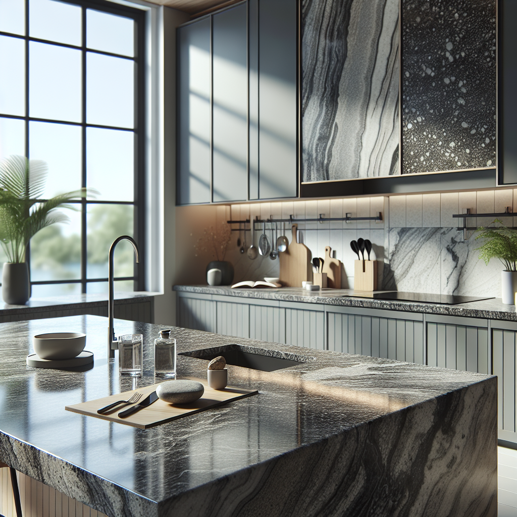 Kitchen countertops showing granite and quartz surfaces with focus on durability factors.