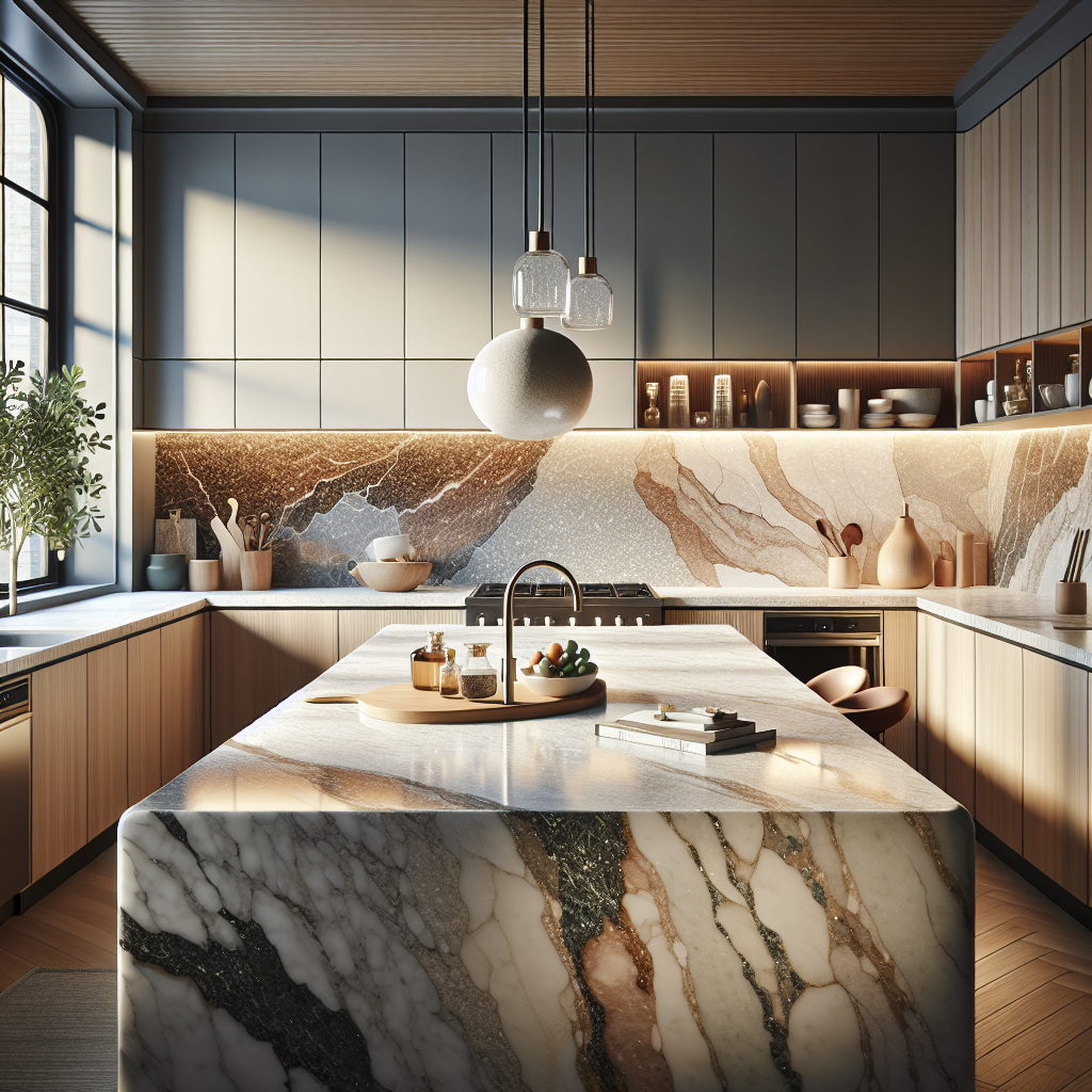 Kitchen scene focusing on a quartz countertop highlighting its durability and aesthetic variety.