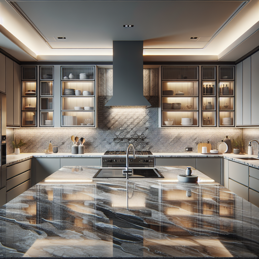 A realistic depiction of a modern kitchen with quartz countertops, highlighting their patterns and smooth surface.