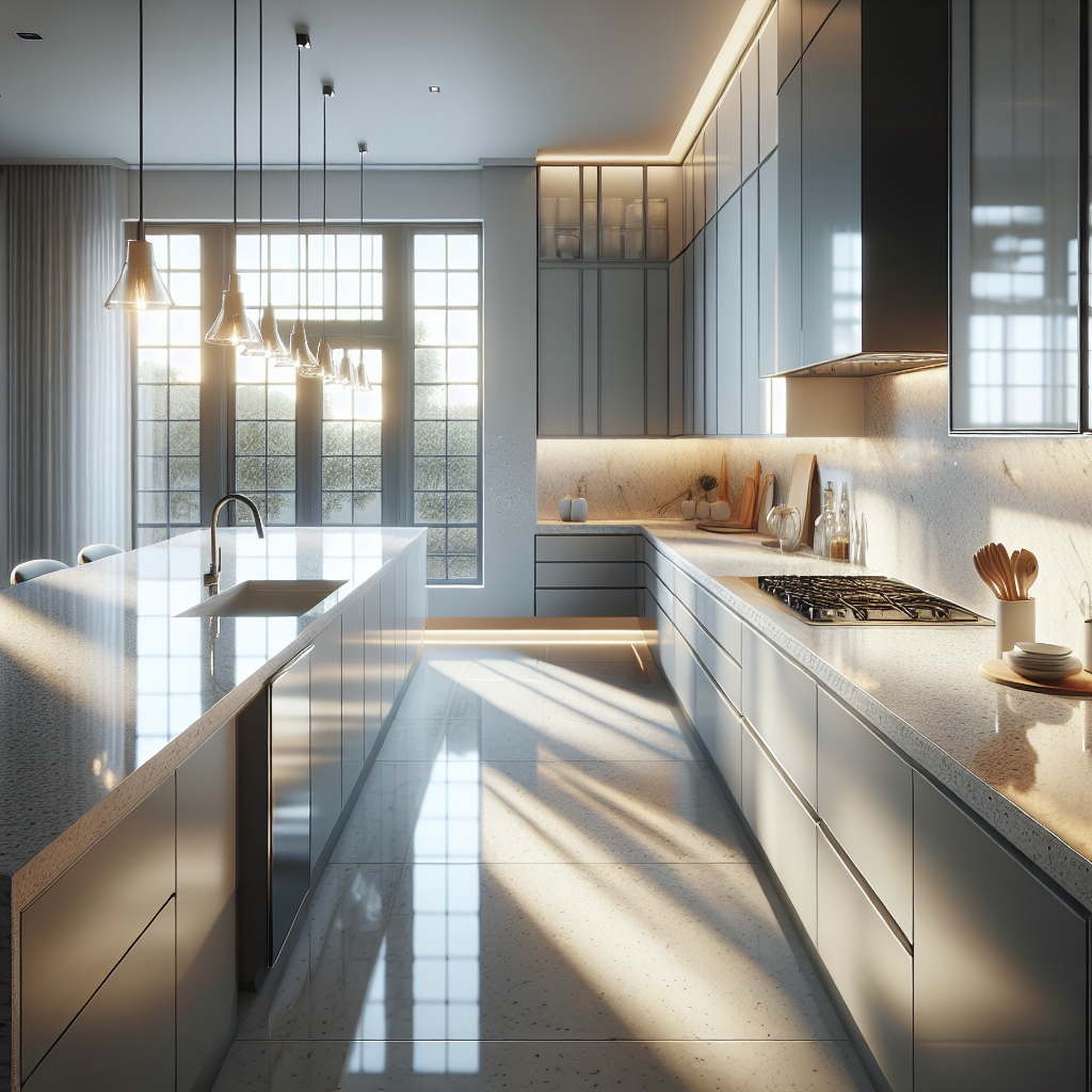 Modern kitchen with elegant quartz countertops.