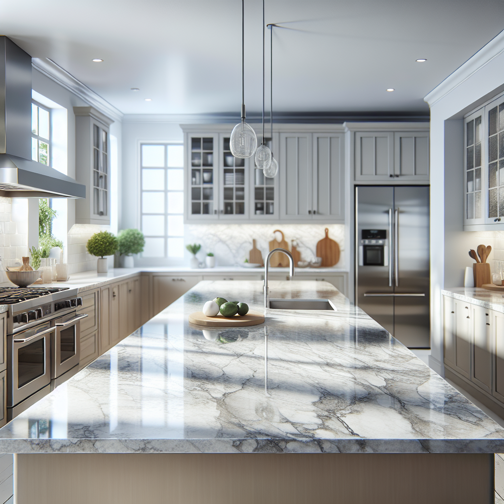 A modern kitchen with quartz countertops, emphasizing durability and hygienic appeal.