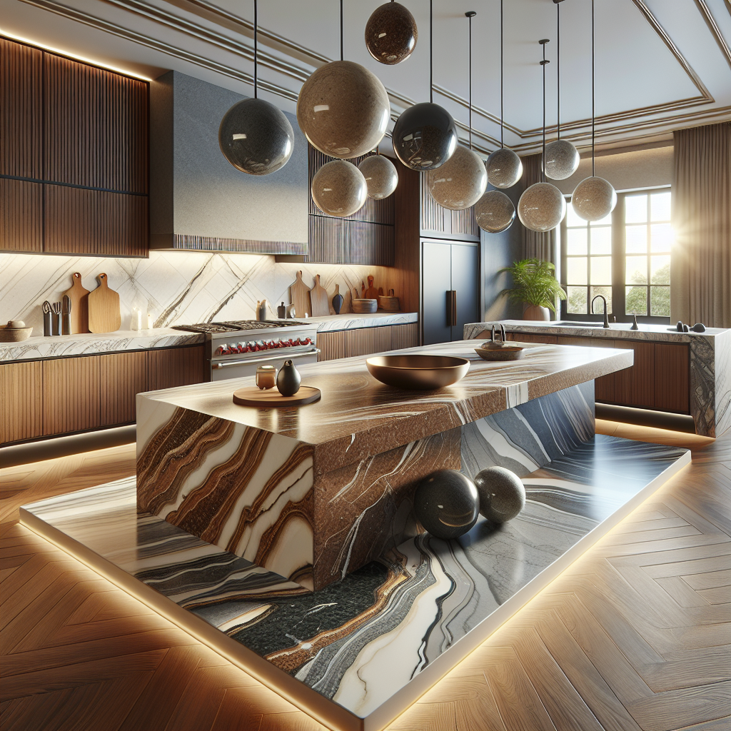 Realistic kitchen countertop scene with various materials like granite, quartz, and porcelain, showing textures and installation details.