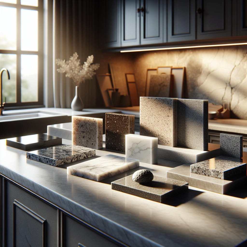 Various countertop materials including granite, quartz, and porcelain samples showing different textures and colors.