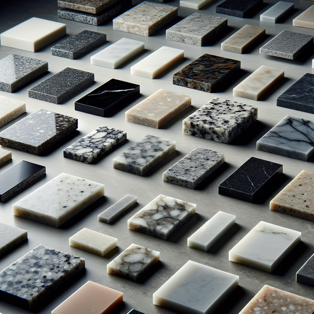 Various countertop material samples including granite, quartz, and porcelain.