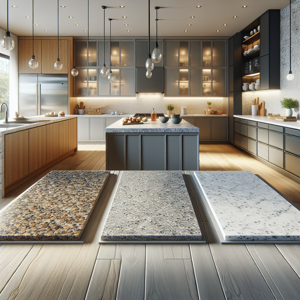 Realistic image of different kitchen countertop materials showcasing granite, quartz, and porcelain.