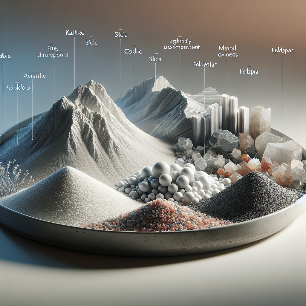 A detailed depiction of kaolinite clay, silica, and feldspar, the raw materials for porcelain countertops.