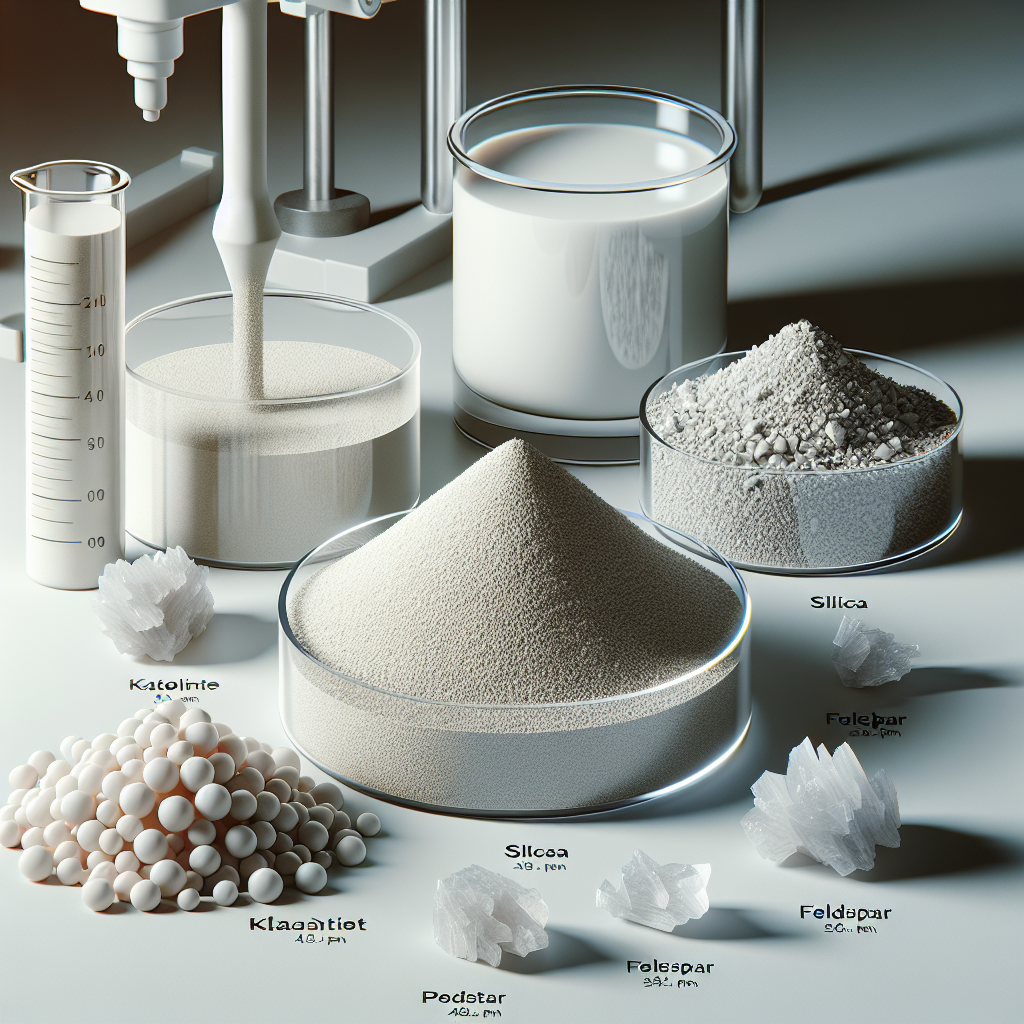 Raw materials kaolinite clay, silica, and feldspar used in porcelain countertops.