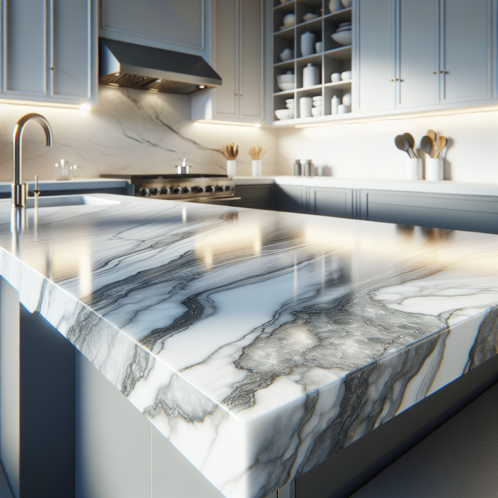 Close-up of a quartz kitchen countertop demonstrating its composition and marble-like pattern.