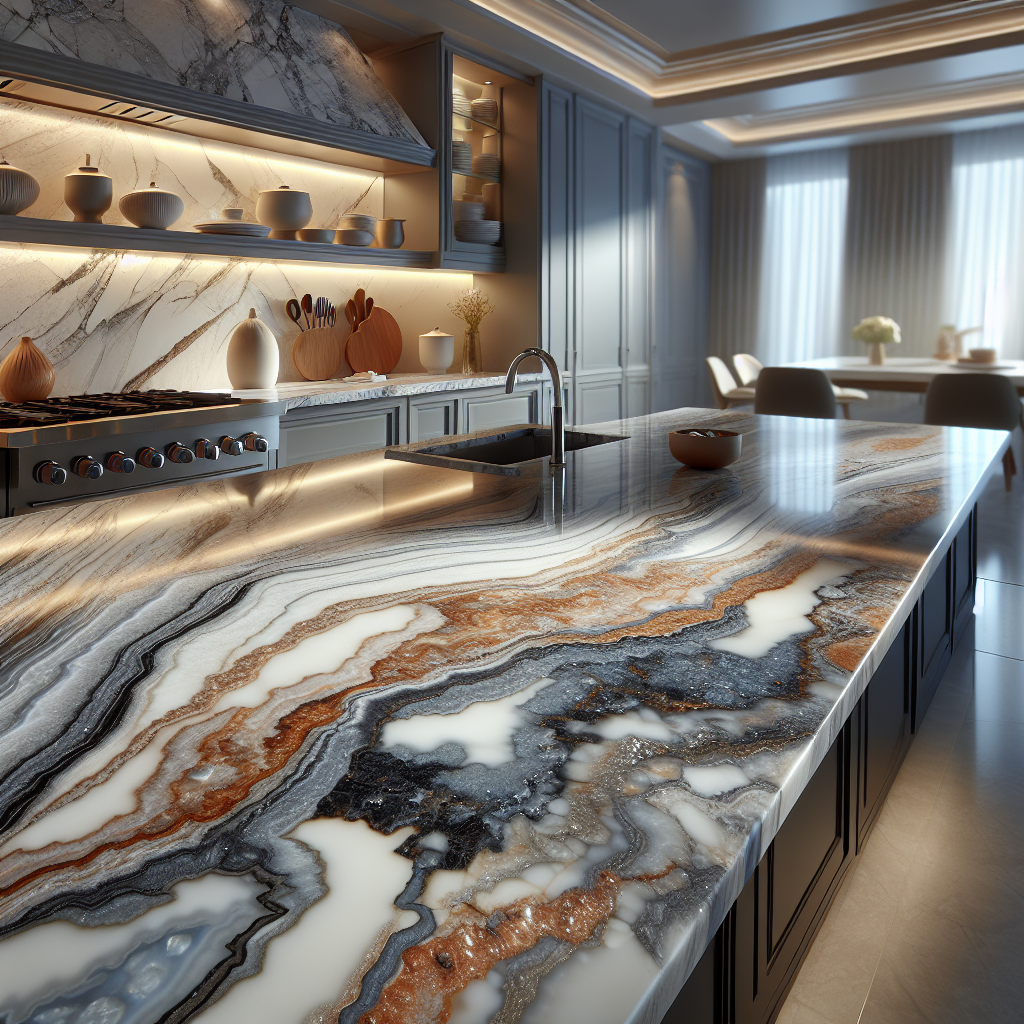 Close-up of a quartz kitchen countertop showcasing its composition and varied colors.