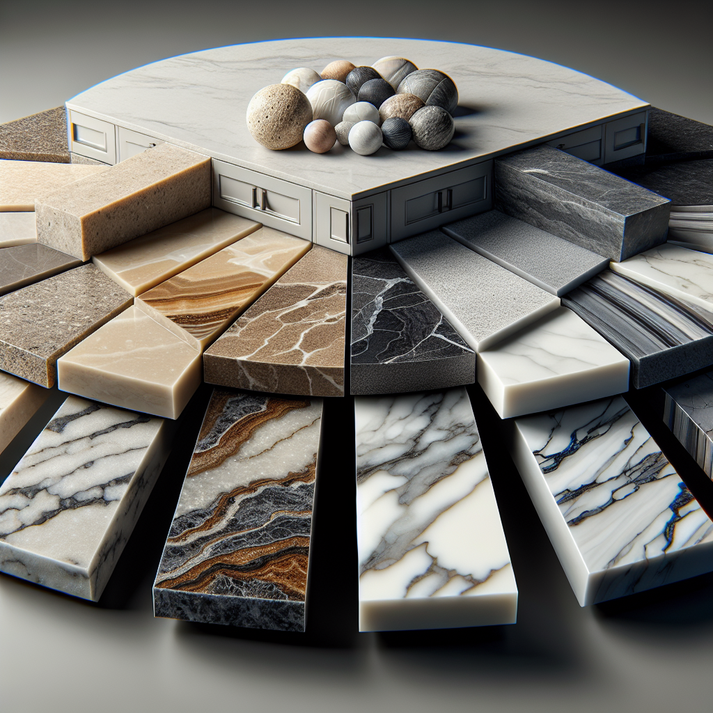 A realistic image depicting quartz, granite, marble, and laminate countertops showcasing their textures and surfaces.