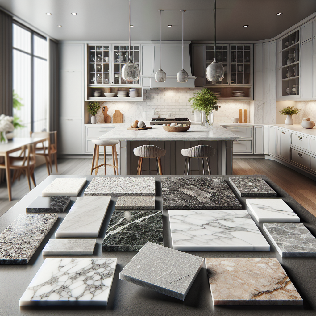 Various countertop materials - quartz, granite, marble, and laminate in a kitchen setting.